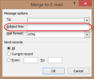Dialog window for sending the merged e-mails